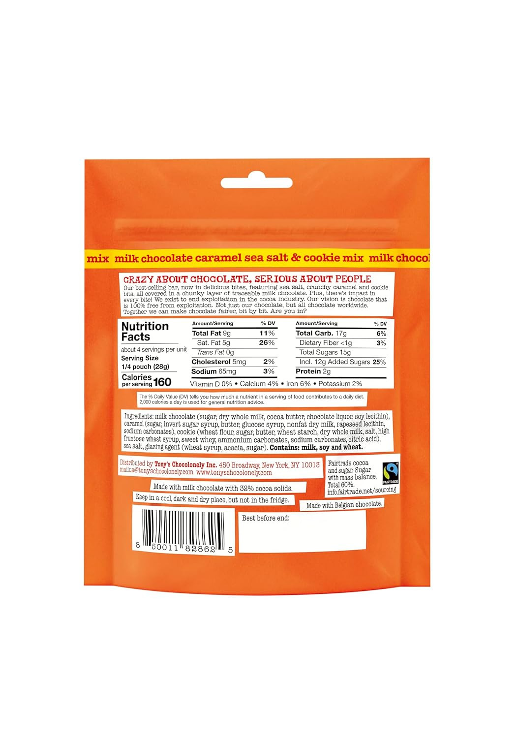 Tony’s Chocolonely Belgian Milk Chocolate Caramel Sea Salt & Cookie Mix Lil’ Bits Candy Pieces for Snacks, Gifts, or Gift Basket, Made From Quality Fairtrade Cocoa, 1 Pouch, 4 Oz