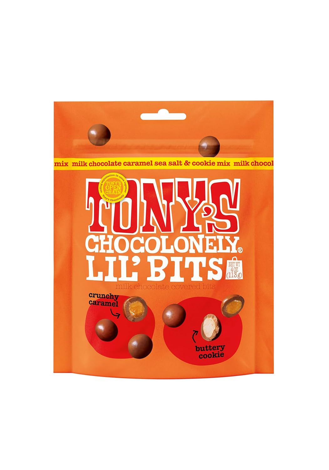 Tony’s Chocolonely Belgian Milk Chocolate Caramel Sea Salt & Cookie Mix Lil’ Bits Candy Pieces for Snacks, Gifts, or Gift Basket, Made From Quality Fairtrade Cocoa, 1 Pouch, 4 Oz