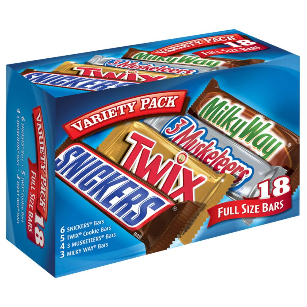 Mars SNICKERS, TWIX, 3 MUSKETEERS & MILKY WAY Full Size Christmas Candy Chocolate Bar Variety Box, 18 ct Bulk Candy