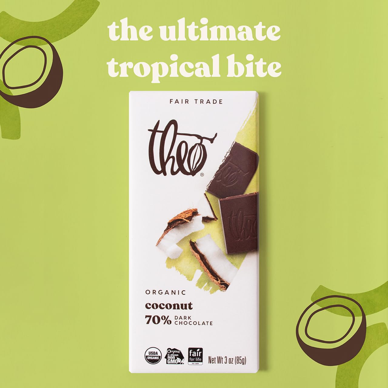 Theo Chocolate Coconut Organic Dark Chocolate Bar, 70% Cacao, 12 Pack | Vegan, Fair Trade