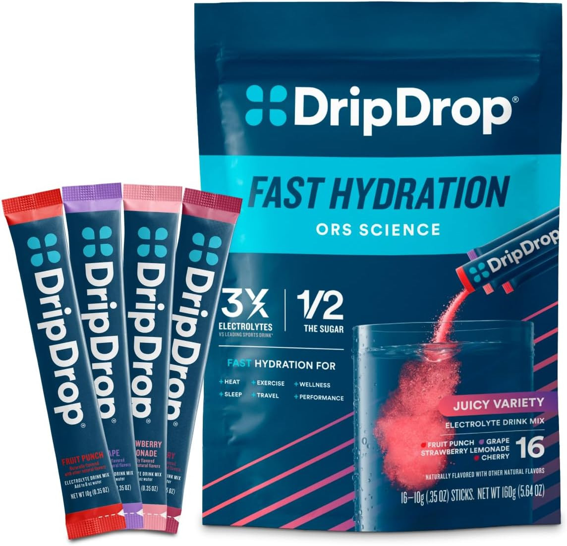 DripDrop Hydration Packets - Juicy Variety Pack - Single Serve Electrolytes Powder Drink Mix - Grape, Fruit Punch, Strawberry Lemonade, Cherry - Non-GMO, Gluten Free, Vegan - 16 Sticks