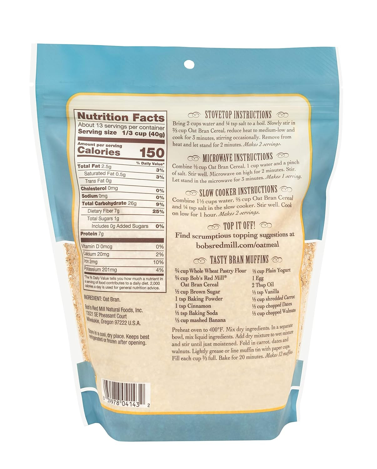 Bob's Red Mill Oat Bran, 18oz (Pack of 4) - Non GMO, Vegan, Kosher